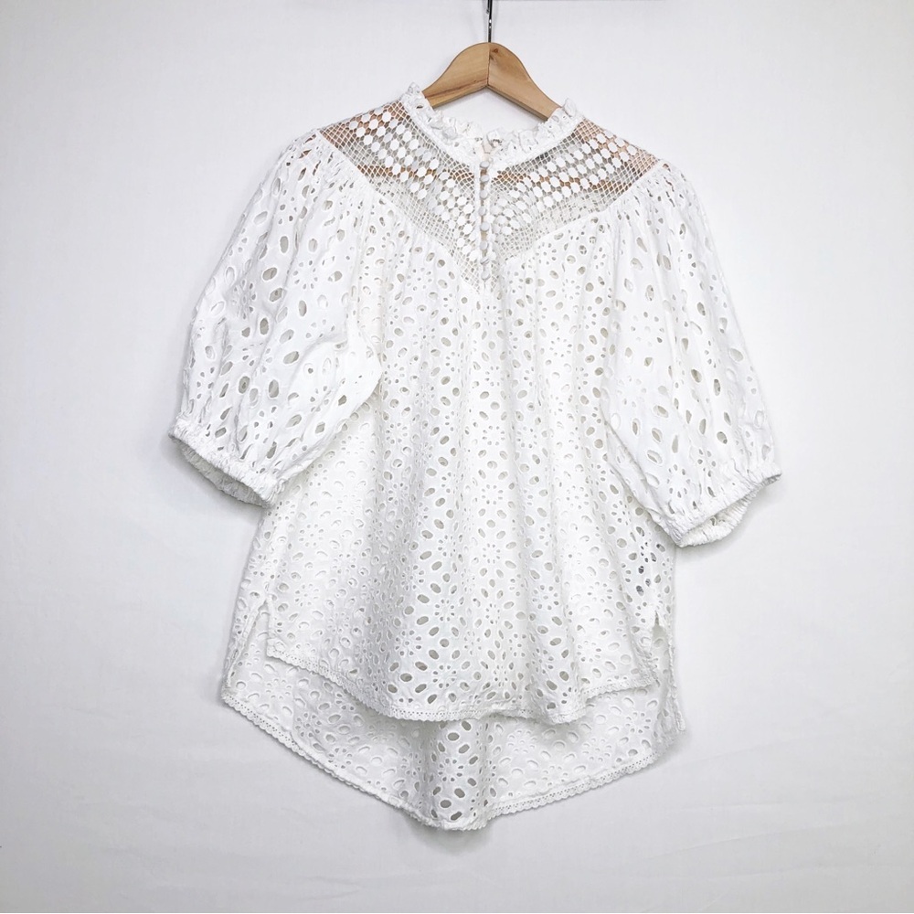 All Saints white Tila Broderie Eyelet, puff sleeve yolk, BoHo top